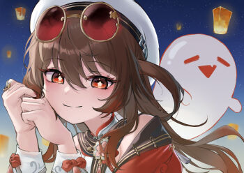 1girl boo_tao_(genshin_impact) brown_hair chinese_clothes eyewear_on_head flower-shaped_pupils genshin_impact green_tea_(greente43670136) hair_between_eyes hand_on_own_cheek hand_on_own_face hat highres hu_tao_(cherries_snow-laden)_(genshin_impact) hu_tao_(genshin_impact) jewelry lantern_festival long_hair looking_at_viewer official_alternate_costume portrait red-tinted_eyewear red_eyes ring round_eyewear sky_lantern smile sunglasses symbol-shaped_pupils tinted_eyewear twintails white_hat