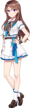 1girl belt blue_sash blush breasts brown_belt brown_hair brown_ribbon brown_shoes closed_mouth collared_shirt cue! full_body hand_on_own_hip highres jacket loafers long_hair long_sideburns looking_at_viewer medium_breasts multicolored_jacket official_art parted_bangs piercing plaid_ribbon pleated_skirt purple_eyes ribbon sash shirako_miso shirt shoes short_sleeves sideburns sidelocks simple_background skirt smile socks solo standing tachi-e transparent_background tsukii_honoka tsurime two-tone_jacket two-tone_skirt very_long_hair white_jacket white_shirt white_skirt white_socks wristband