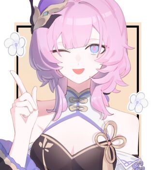 Rule 34 | 1girl, ;o, alternate costume, bare shoulders, black dress, border, breasts, brown background, china dress, chinese clothes, chinese commentary, cleavage, commentary request, dress, elysia (honkai impact), elysia (miss pink elf) (honkai impact), flower, hair ornament, highres, honkai (series), honkai impact 3rd, large breasts, long hair, looking at viewer, manfu w, one eye closed, pink hair, solo, upper body, white border, white flower
