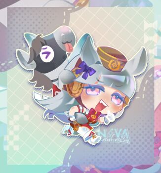 &gt;_&lt; 1girl animal_ears armband blunt_bangs blush bow bowtie breasts brown_hat carrying chibi closed_eyes closed_mouth creature_and_personification dress ear_bow fang gloves gold_ship_(racehorse) gold_ship_(red_strife)_(umamusume) gold_ship_(umamusume) grey_hair hat horse_ears horse_girl horse_mask horse_tail leggings long_hair looking_at_viewer mask nova_borealis open_mouth pantyhose personification piggyback pillbox_hat purple_bow purple_eyes red_bow red_bowtie red_dress role_reversal shoes sleeveless sleeveless_dress smile striped_armband striped_clothes tail teeth tongue tongue_out umamusume upper_teeth_only white_gloves white_leggings white_pantyhose