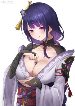 1boy 1girl absurdres artist_name between_breasts blunt_bangs blush braid breasts cleavage collarbone commentary fingerless_gloves genshin_impact giant giantess gloves hair_ornament highres japanese_clothes korean_commentary kuroihassan large_breasts long_braid long_hair looking_down mole mole_under_eye person_between_breasts purple_eyes purple_hair raiden_shogun scaramouche_(genshin_impact) short_hair signature simple_background single_braid size_difference very_long_hair