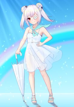 1girl absurdres blue_sky blush closed_mouth commentary_request day double_bun dress eyepatch flower full_body hair_bun hair_flower hair_ornament hand_on_own_hip heaven_burns_red highres holding holding_umbrella jewelry looking_at_viewer medium_hair necklace off-shoulder_dress off_shoulder official_alternate_costume one_eye_covered outdoors rainbow red_eyes sandals see-through_clothes see-through_dress see-through_silhouette sizmaru11 sky sleeveless sleeveless_dress smile solo spaghetti_strap split_mouth standing sundress thick_eyebrows twintails umbrella water_drop white_dress white_flower white_hair white_sandals white_umbrella yamawaki_bon_ivar