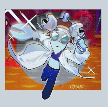 Rule 34 | 1girl, blue skin, colored skin, d2k (812404562), full body, game screenshot background, goggles, holding, holding wrench, lab coat, mario &amp; luigi: brothership, mario &amp; luigi rpg, mario (series), midriff, nintendo, screenshot background, solo, technikki (mario), time stop, wrench