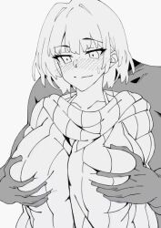 Rule 34 | 1boy, 1girl, akina-chan, animated, blush, breasts, flustered, grabbing, grabbing another&#039;s breast, highres, large breasts, mature female, monochrome, muscular, muscular male, original, short hair, smile, solo, sweat, sweatdrop, sweater, tagme, umezawa itte, video
