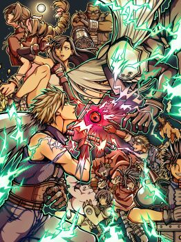 Rule 34 | 3girls, 6+boys, absurdres, aechin0130, aerith gainsborough, arm cannon, armor, bare legs, bare shoulders, barret wallace, belt, black coat, black gloves, black hair, blonde hair, blue jacket, blue pants, blue sweater, braid, braided ponytail, brown hair, brown vest, buster sword, cait sith (final fantasy), cape, cat, cid highwind, cigarette, cloud strife, coat, commentary request, dark-skinned male, dark skin, dress, fighting stance, final fantasy, final fantasy vii, fire, flame-tipped tail, from side, gloves, goggles, goggles on head, grey hair, grey sweater, hair ribbon, headband, highres, holding, holding sword, holding weapon, jacket, long hair, looking at another, masamune (ff7), materia, moogle, multiple belts, multiple boys, multiple girls, pants, pink dress, pink ribbon, profile, red cape, red gloves, red jacket, red xiii, ribbed sweater, ribbon, sephiroth, short hair, shoulder armor, sleeveless, sleeveless turtleneck, spiked hair, sunglasses, sweater, sword, tail, tank top, tifa lockhart, turtleneck, turtleneck sweater, vest, vincent valentine, weapon, white tank top, yuffie kisaragi, zack fair