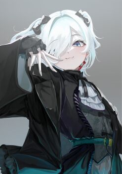 Rule 34 | 1girl, absurdres, ascot, belt, black bow, black jacket, black shirt, blue eyes, blush, bow, closed mouth, commentary, earrings, fang, fingernails, floral print, green belt, grey background, hair bow, hair over one eye, hand up, hashtag-only commentary, highres, indie virtual youtuber, jacket, jewelry, long fingernails, long sleeves, looking at viewer, nail polish, nekomugi tororo, noname (user wkpu7848), open clothes, open jacket, shirt, simple background, skin fang, solo, two side up, virtual youtuber, white ascot, white hair, white nails, wide sleeves