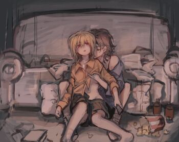 2girls :o androgynous black_bra black_skirt blonde_hair blue_shirt bra closed_eyes controller couch food full_body genderswap genderswap_(mtf) hand_under_clothes hand_under_shirt highres holding holding_remote_control hunter_x_hunter ik18166181ik kurapika leorio_paladiknight medium_hair multiple_girls open_mouth popcorn red_eyes remote_control shirt sitting skirt underwear yellow_shirt yuri