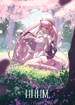 1girl absurdres beret cherry_blossoms cherry_hair_ornament falling_petals food-themed_hair_ornament hair_between_eyes hair_ornament hanami hat hatsune_miku highres jacket jacket_on_shoulders kinosuke_(pattaba) long_hair long_sleeves official_alternate_costume official_alternate_hairstyle parted_lips petals pink_eyes pink_hair pink_petals pink_skirt plaid_clothes plaid_jacket pleated_skirt sakura_miku sakura_miku_(rella) shirt sitting skirt smile solo tree twintails very_long_hair vocaloid wariza white_hat white_shirt