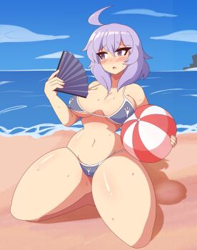 1girl ahoge ball beachball bikini black_bikini blue_sky blush breasts cleavage cloud commentary curvy english_commentary hand_fan highres holding holding_fan horizon lapel_pin large_breasts letty_whiterock looking_to_the_side medium_hair navel ocean open_mouth outdoors purple_eyes purple_hair sky solo sweat swimsuit thighs touhou vadaboob