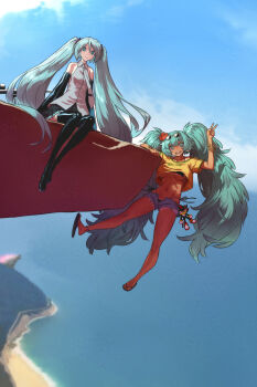 alternate_breast_size_(larger) aqua_eyes aqua_hair aqua_necktie bare_shoulders bikini bioluminescence black_sleeves bracelet brazil brazilian_flag brazilian_flag_print brazilian_miku breasts character_doll commentary crossover dark-skinned_female dark_skin detached_sleeves doll earrings english_commentary exposed_pocket eyewear_on_head flag_print flower giant giant_monster glowing godzilla godzilla_(monsterverse) godzilla_(series) godzilla_evolved godzilla_x_kong:_the_new_empire grey_shirt gun hair_between_eyes hair_flower hair_ornament haraya_manawari hatsune_miku headphones headset highres jewelry kaiju king_kong_(series) legendary_pictures long_hair looking_at_viewer monsterverse multiple_bracelets multiple_crossover necktie open_mouth rifle scope shadow_the_hedgehog shadow_the_hedgehog_(game) shirt shorts shorts_tan skirt smile sniper_rifle solo sonic_(series) spines swimsuit tan tanline tanline_peek thighhighs toho twintails very_long_hair vocaloid weapon yellow_shirt