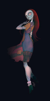 1girl absurdres colored_skin dress full_body highres long_hair patchwork_clothes patchwork_skin pinstripe_pattern red_hair sally_(nbc) simple_background smile stitched_face stitches striped_clothes tagme the_nightmare_before_christmas yazuchi