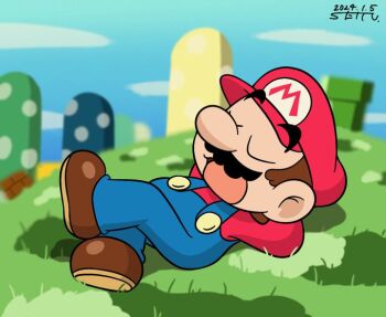 0322inuyama 1boy baseball_cap black_shoes blue_sky closed_eyes cloud commentary_request facial_hair grass hat mario mario_(series) mustache nintendo open_mouth shoes sky sleeping solo