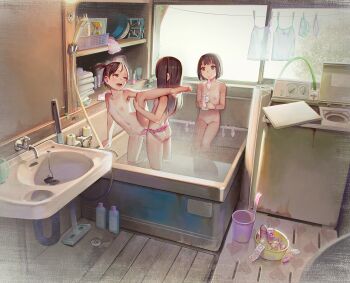 3girls anal_beads bath bathroom bathtub bow bow_panties breasts brown_eyes brown_hair kodomo_doushi cleft_of_venus closed_eyes clothes_pin clothesline condom condom_in_mouth condom_packet_strip condom_wrapper dildo egg_vibrator feet heart heart_print highres indoors laundry leg_lift loli long_hair looking_at_another mirror mouth_hold muk_(monsieur) multiple_girls navel nipples nude object_insertion one-piece_tan open_mouth original panties partially_submerged pussy roomscape saliva saliva_trail same-sex_bathing sex sex_from_behind sex_toy shampoo shared_bathing short_hair shower_head small_breasts smile standing standing_on_one_leg strap-on sunlight tan tanline top-load_washing_machine uncensored underwear unworn_clothes unworn_panties used_condom vaginal vaginal_object_insertion vibrator wading washing_machine white_panties window wooden_floor yuri