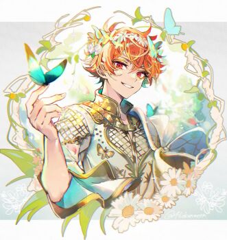 Rule 34 | 1boy, ace trappola, ace trappola (gala couture), bug, butterfly, butterfly on hand, commentary request, flower, head tilt, head wreath, highres, insect, leaf, looking at viewer, male focus, messy hair, red eyes, red hair, smile, solo, tawan (46okuneeen), teeth, twisted wonderland, watermark, white flower