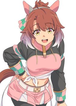 1girl 36.5 ahoge animal_ears black_leggings black_shrug bow breasts brown_eyes brown_hair checkered_ribbon dantsu_flame_(center_spotlight)_(umamusume) dantsu_flame_(umamusume) ear_covers ear_ornament ear_ribbon hair_between_eyes highres horse_ears horse_girl horse_tail large_breasts leggings leggings_under_shorts long_sleeves looking_at_viewer midriff multicolored_hair navel open_mouth pink_shirt pink_shorts shirt shorts shrug_(clothing) simple_background smile solo tail teeth tied_shirt umamusume upper_teeth_only white_background white_hair white_shirt