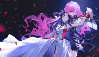 2girls arm_up bindi black_skirt commentary_request crown_of_thorns dress epaulettes feet_out_of_frame gradient_background green_eyes hand_on_another's_waist himemiya_anthy holding_hands hou_(ppo) leaning_back long_hair looking_at_another multiple_girls parted_bangs petals pink_hair purple_hair rose_petals shirt shoujo_kakumei_utena shoujo_kakumei_utena_adolescence_mokushiroku shoulder_pads simple_background skirt sleeveless sleeveless_dress smile tenjou_utena wavy_hair white_dress white_shirt yuri