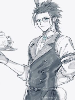 Rule 34 | 1boy, 3wa tari, animal ears, arm behind back, black hair, black pants, black vest, blue cross tie, blue eyes, butler, buttons, collared shirt, cross scar, double-breasted, facial scar, final fantasy, final fantasy vii, final fantasy vii: ever crisis, gloves, hair slicked back, highres, holding, holding plate, kemonomimi mode, looking at viewer, male focus, medium hair, monocle, official alternate costume, pants, plate, rabbit boy, rabbit ears, rabbit tail, round eyewear, scar, scar on cheek, scar on face, shirt, sideburns, smile, solo, tail, teapot, twitter username, vest, waistcoat, white background, white gloves, white shirt, zack fair, zack fair (bunny butler)