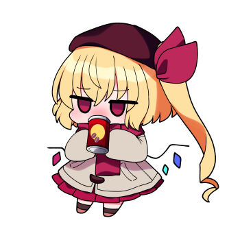 Rule 34 | 1girl, absurdres, blinking, blonde hair, blush, brown shoes, can, canned coffee, chibi, commentary request, crystal wings, drink can, drinking, flandre scarlet, full body, hat, highres, holding, holding can, long hair, long sleeves, no nose, nose blush, pleated skirt, red eyes, red ribbon, red scarf, red skirt, ribbon, scarf, shoes, simple background, skirt, sleeves past fingers, sleeves past wrists, socks, solo, steam, touhou, very long hair, white background, wings, winter clothes, you (noanoamoemoe)