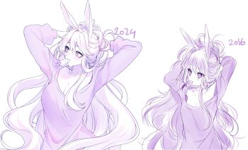1girl 2016 2024 absurdres adjusting_hair aki_(sasucchi95) animal_ears arms_behind_head arms_up artist_name artist_progress breasts carrot cleavage collarbone commentary english_commentary eyelashes hair_over_shoulder highres large_breasts long_hair long_sleeves looking_to_the_side monochrome mouth_hold original puffy_long_sleeves puffy_sleeves purple_theme rabbit_ears rabbit_girl saliva saliva_trail sasucchi95 shirt sidelocks simple_background small_breasts tsurime upper_body very_long_hair wavy_hair white_background