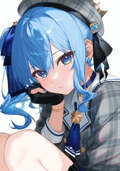 1girl absurdres ascot beret black_gloves blue_ascot blue_choker blue_eyes blue_hair blue_ribbon bracelet buttons choker collared_shirt commentary_request crown double-breasted double-parted_bangs earrings frilled_skirt frills gloves grey_hat grey_jacket hair_between_eyes hair_ribbon hand_on_own_cheek hand_on_own_face hat highres hololive hoshimachi_suisei hoshimachi_suisei_(1st_costume) jacket jewelry looking_at_viewer medium_hair parted_lips partially_fingerless_gloves plaid_clothes plaid_hat plaid_jacket ribbon sakurada_nana shirt side_ponytail sidelocks simple_background skirt sleeve_cuffs solo star_(symbol) star_earrings star_in_eye symbol_in_eye virtual_youtuber white_background white_shirt