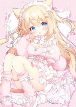 Rule 34 | 1girl, animal ears, blonde hair, blue eyes, blush, breasts, cat ears, cat girl, cat tail, cleavage, commentary request, detached sleeves, dress, frilled dress, frills, fukaya rin, full body, hair ornament, hairband, hairclip, highres, large breasts, lolita hairband, long hair, looking at viewer, loose socks, open mouth, original, pink dress, pink shoes, pink socks, shoes, sitting, sleeves past wrists, smile, socks, solo, tail, thigh strap