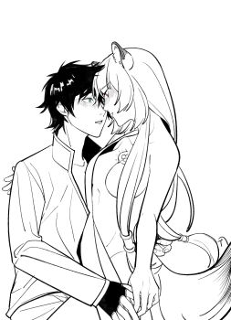 1boy 1girl animal_ears blush breasts chest_tattoo chinese_commentary cleavage collarbone collared_shirt commentary_request couple cowboy_shot dice657523 fingerless_gloves gloves green_eyes greyscale hetero high_collar highres iwatani_naofumi large_breasts long_hair long_sleeves looking_at_another messy_hair metal_hair_tubes monochrome one-armed_hug parted_lips pink_eyes raccoon_ears raccoon_girl raccoon_tail raphtalia shirt short_hair signature simple_background slave_brand spot_color straight_hair tail tate_no_yuusha_no_nariagari tattoo