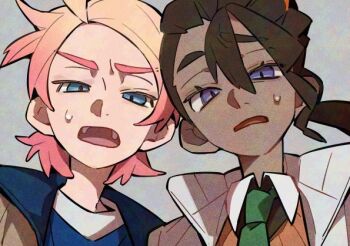 2boys blonde_hair blue_eyes brown_hair dark-skinned_male dark_skin furrowed_brow gradient_hair green_necktie hair_pulled_back jacket looking_at_viewer low_ponytail male_focus multicolored_hair multiple_boys naveen_(pokemon) necktie nintendo nploser open_mouth orange_sweater pink_hair pokemon pokemon_legends:_z-a ponytail portrait purple_eyes short_hair sweatdrop sweater thick_eyebrows urbain_(pokemon) wavy_hair white_jacket