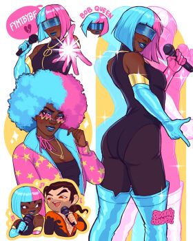 1boy 1girl afro artist_name bloominflowers blue_hair bob_cut chibi closed_mouth commentary diffraction_spikes dispatch english_commentary english_text flambae_(dispatch) grin highres holding holding_microphone looking_at_viewer microphone multicolored_hair multiple_views musical_note pink_hair prism_(dispatch) smile speech_bubble superhero_costume