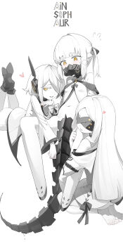3girls absurdres berserker_r black_mask black_tail blindfold blue_archive blush coat colored_skin covered_eyes dress ein_(blue_archive) extra_pupils female_focus heart highres loli long_hair long_sleeves mask mechanical_tail medium_hair multiple_girls navel ohr_(blue_archive) open_mouth respirator short_hair simple_background smile sof_(blue_archive) symbol-shaped_pupils tail white_background white_coat white_dress white_hair white_skin wide_sleeves x-shaped_pupils yellow_eyes