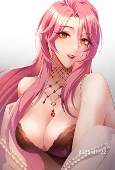 1girl aegyo_sal bare_shoulders black_dress breasts cleavage commentary_request countess_chelsea_(path_to_nowhere) dated dress gem hair_between_eyes highres large_breasts lipstick long_hair looking_at_viewer makeup muutsurose orange_eyes parted_bangs parted_hair parted_lips path_to_nowhere pink_hair red_gemstone red_lips simple_background smile solo upper_body white_background