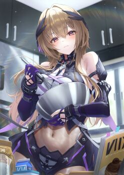 1girl absurdres bandeau bare_shoulders blush book bowl braid braided_bangs breasts brown_hair commentary_request cookbook cowboy_shot drink_carton elbow_gloves flour gloves gluteal_fold hair_between_eyes headgear highres holding holding_bowl holding_whisk indoors kitchen large_breasts lens_flare long_hair looking_at_viewer marian_andreotti midriff milk_carton mixing mixing_bowl navel parted_lips partially_fingerless_gloves purple_eyes purple_gloves purple_nails purple_shorts rolling_pin short_shorts shorts sidelocks snowbreak:_containment_zone solo standing whisk whisking white_bandeau xfate