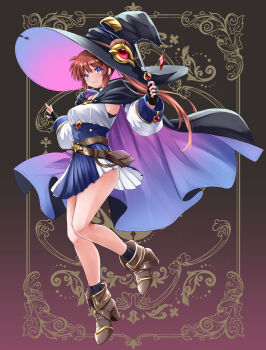 1girl belt black_cape black_gloves black_socks boots breasts brown_belt brown_boots brown_hair cape closed_mouth commentary_request fingerless_gloves full_body gloves hat high_heels highres holding holding_wand large_breasts long_hair looking_at_viewer lyrical_nanoha mahou_shoujo_lyrical_nanoha_strikers purple_cape purple_eyes raising_heart side_ponytail smile socks solo sougetsu_izuki takamachi_nanoha two-tone_cape wand witch_hat