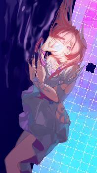 1boy akaguchi_35 bare_shoulders commentary_request cyrene_(honkai:_star_rail) cyrene_(ripples_of_past_reverie)_(honkai:_star_rail) dress feet_out_of_frame hair_ribbon hand_up highres holding holding_puzzle_piece honkai:_star_rail honkai_(series) jewelry long_hair looking_at_object lying off-shoulder_dress off_shoulder official_alternate_costume official_alternate_hairstyle on_side pink_hair purple_eyes purple_pupils puzzle_piece ribbon ring short_sleeves smile solo sparkle teeth water white_dress white_ribbon