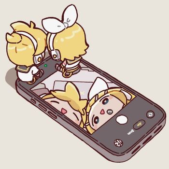 1boy 1girl :d black_sailor_collar blonde_hair blush_stickers brother_and_sister cellphone chibi chibi_only closed_eyes figures_taking_selfie_(meme) full_body hair_ornament hair_ribbon hairclip hashtag-only_commentary headset highres kagamine_len kagamine_rin meme open_mouth parallel_hairclips parted_bangs phone ribbon sailor_collar seomin shirt short_hair siblings simple_background sitting smartphone smile twins vocaloid white_background white_ribbon white_shirt