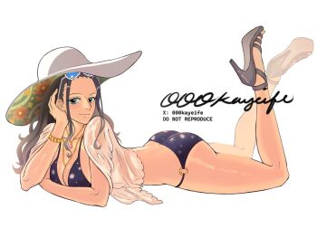 Rule 34 | 000kayeife, 1girl, bikini, blue-tinted eyewear, bracelet, closed mouth, eyelashes, eyewear on head, floral print, head rest, high heels, jewelry, large hat, long hair, looking at viewer, lying, necklace, nico robin, on stomach, one piece, sidelocks, simple background, smile, solo, swimsuit, tinted eyewear, twitter username, white background