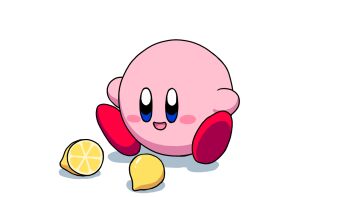 animated animated_gif blue_eyes blush_stickers commentary english_commentary food fruit full_body holding holding_food holding_fruit kirby kirby_(series) lemon licking_lemon meme mixed-language_commentary natsuring0 nintendo no_humans open_mouth simple_background sitting smile solo sour_(taste) thour_(meme) white_background
