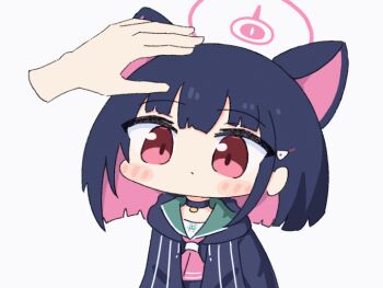 >_< 1girl 1other animal_ears animated animated_gif black_hair black_hoodie blue_archive blush_stickers cat_ears chibi closed_eyes colored_inner_hair commentary_request disembodied_hand ear_wiggle halo hand_on_another's_head head_down headpat heart heart_background hood hoodie kazusa_(blue_archive) multicolored_hair neckerchief pink_hair pink_neckerchief red_eyes school_uniform serafuku short_hair simple_background solo_focus two-tone_hair umihio upper_body white_background