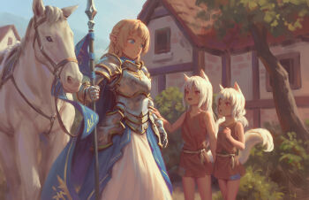 3girls animal_ears armor bigrbear blonde_hair blue_eyes breastplate brown_tunic day elf highres holding holding_polearm holding_weapon leg_armor long_hair multiple_girls original outdoors pointy_ears polearm red_eyes shoulder_armor skirt smile spear tail tunic weapon white_hair white_horse white_skirt