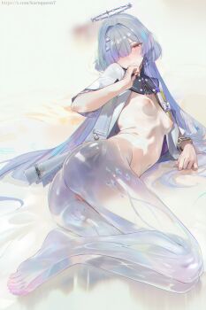 1girl barefoot censored chromatic_aberration closed_mouth commentary_request earrings feet grey_hair hair_ornament hair_over_one_eye half-closed_eye halo hand_up heavy_chromatic_aberration highres id_card jacket jewelry long_hair looking_at_viewer lying misaka_12003-gou mornye_(wuthering_waves) mosaic_censoring navel nipples on_side paid_reward_available partial_commentary pussy red_eyes revision see-through_body solo stomach thighs toes triangle_earrings white_jacket wuthering_waves
