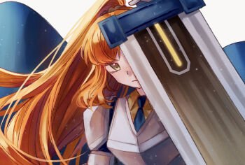 1girl armor closed_mouth floating_hair freckles gloria91927 greatsword hashtag-only_commentary high_ponytail highres holding holding_sword holding_weapon ishmael_(project_moon) limbus_company looking_at_viewer one_eye_covered orange_hair ponytail project_moon solo standing sword weapon white_background yellow_eyes zwei_association_west_uniform