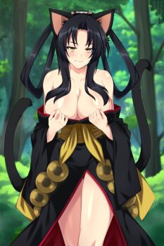 1girl animal_ear_fluff animal_ears bare_shoulders black_hair black_kimono blurry blurry_background blush breasts cat_ears cat_girl cat_tail cleavage closed_mouth collarbone commentary curtained_hair day english_commentary female_focus forest grin hair_rings high_school_dxd highres japanese_clothes kimono kuroka_(high_school_dxd) large_breasts lindaroze long_hair long_sleeves looking_at_viewer multiple_tails nature no_bra obi off_shoulder outdoors parted_bangs sash slit_pupils smile standing tail thigh_gap thighs two_tails wide_sleeves yellow_eyes
