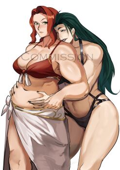 2girls alternate_costume bare_arms bare_shoulders belly belly_grab bikini black_bikini black_nails breasts cleavage collarbone commission fire_emblem fire_emblem:_path_of_radiance grabbing_another's_stomach grabbing_from_behind green_eyes green_hair groping highres large_breasts long_hair multiple_girls muscular muscular_female nail_polish navel nintendo petrine_(fire_emblem) plump puzzledartist red_bikini red_hair sarong simple_background stomach swimsuit thick_thighs thighs titania_(fire_emblem) watermark white_background white_sarong yuri