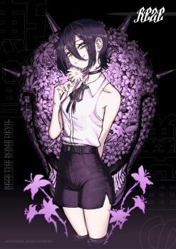 1girl absurdres black_choker black_ribbon bomb_devil_(chainsaw_man) chainsaw_man choker green_eyes hair_bun haruchan highres neck_ribbon reze_(chainsaw_man) ribbon shirt single_hair_bun sleeveless sleeveless_shirt solo