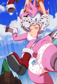 1girl amy_rose animal animal_ears animal_print arms_up ass back-print_panties blush boots bow bow_panties bracelet breasts character_print clothes_writing cloud crotch_seam dress embarrassed euf-dreamer falling from_behind furry gloves grass green_eyes hairband heart heart_print hedgehog hedgehog_girl hedgehog_print jewelry knee_boots looking_down lower_body motion_lines mountain multiple_views navel nipples panties pink_bow pink_fur pink_hair print_panties red_boots red_dress sega short_hair single_boot sky small_breasts socks sonic_(series) sonic_the_hedgehog spiked_hair tail topless_female underwear unworn_boots white_gloves white_panties white_socks wind wind_lift