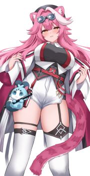 1girl absurdres animal_ears black_hair breasts coat commentary cowboy_shot devonmeza404 high-waist_shorts highres hololive hololive_english large_breasts looking_at_viewer multicolored_hair open_clothes open_coat panther_ears panther_girl panther_tail pink_hair raora_panthera shorts simple_background solo streaked_hair symbol-only_commentary tail thighhighs thighs two-tone_hair virtual_youtuber white_background white_coat white_hair white_shorts white_thighhighs