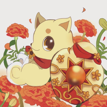 Rule 34 | animal, animal focus, brown eyes, commentary request, dog, flower, jewelpet (creature), jewelpet (series), kohaku (jewelpet), looking at viewer, masaki (ma po7), neckerchief, no humans, orange flower, red neckerchief, shiba inu, simple background, solo, white background