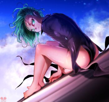 Rule 34 | 1girl, artist name, ass, barefoot, black dress, breasts, closed mouth, cloud, cloudy sky, commentary, dress, esmile, evening, green eyes, green hair, highres, knees up, medium hair, one-punch man, outdoors, sitting, sky, small breasts, solo, tatsumaki