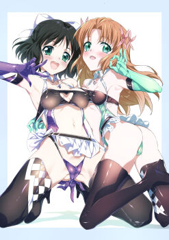 2girls absurdres asymmetrical_docking bare_shoulders black_thighhighs breast_press breasts cameltoe covered_erect_nipples covered_navel elbow_gloves flower gloves green_eyes green_gloves green_hair green_leotard hair_flower hair_ornament highres kneeling kohinata_miku kohinata_mirai large_breasts leotard long_hair multiple_girls navel niko_(tama) orange_hair purple_gloves purple_leotard pussy_juice senki_zesshou_symphogear short_hair simple_background small_breasts spread_legs thighhighs thong v white_background