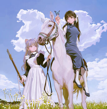 Rule 34 | 2girls, animal ears, apron, black shoes, brown eyes, brown hair, bug, butterfly, butterfly on hand, china dress, chinese clothes, closed mouth, cloud, commentary, day, dress, earrings, eyeball bracelet girl (fkey), feiqizi (fkey), fkey, flower, frilled apron, frills, grass, grey hair, gun, hair ribbon, highres, holding, holding gun, holding weapon, horseback riding, insect, jewelry, kneehighs, long hair, maid, maid apron, mole, mole under eye, multiple girls, original, outdoors, pankou, pink eyes, reins, ribbon, riding, shanghai neckline, shoes, sky, socks, symbol-only commentary, twintails, weapon, white apron, white flower, white ribbon, white socks, yin yang, yin yang earrings