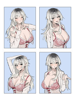 1girl absurdres arm_up black_eyes bra breasts chest_tattoo cleavage closed_eyes closed_mouth commentary gradient_hair grey_hair hand_on_own_head hand_up hands_up highres jyuri_(shouz) large_breasts long_hair long_sleeves looking_at_viewer multicolored_hair multiple_views open_mouth original parted_bangs pink_bra shirt shirt_partially_removed shouz smile symbol-only_commentary tattoo underwear white_shirt